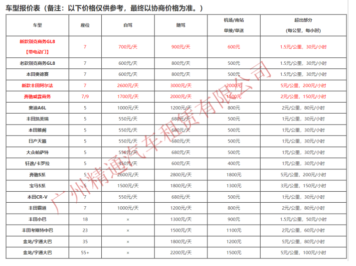 广州租车价格一览表